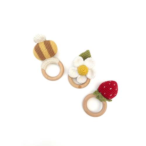 Summer Rattle Set - Red Strawberry Bee and White Flower