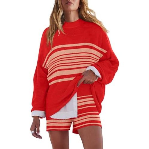 LAMISSCHE Womens Oversized Lounge Sets 2 Piece Outfits Striped Matching Pajama Set Long Sleeve Sweater Set