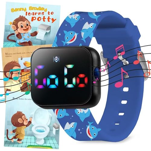 Potty Training Watch for Kids V2 – A Water Resistant Toilet Reminder Device for Boys & Girls to Train Your Toddler with Fun/Musical & Vibration Interval Reminder with Potty Training eBook (Sharks)