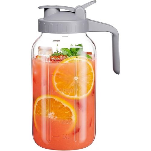 Glass Mason Jar Pitcher, 64 oz Wide Mouth Jug with Pour Spout Handle Lid for Cold Brew Coffee, Ice Beverage, Iced Juice, Lemonade, Sun Tea, Fruit Drinks Container(Gray)