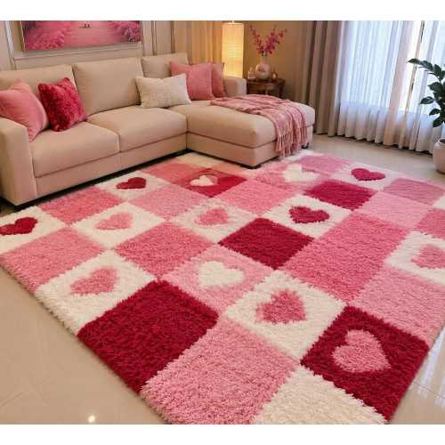 Pink Heart Shaggy Rug, Valentine Area Rug, Cute Girly Room Decor, , Soft Fluffy Nursery Rug, Coquette Bedroom ,handmade rug,luxury room,
