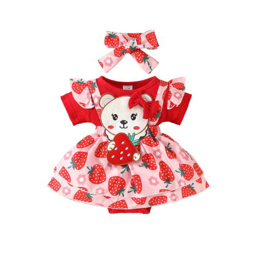 RMGVDSD Baby Girl Clothes Cute Girls Short Sleeve Ribbed Cartoon Strawberry Romper Bodysuits Dress Headbands Set Cute Toddler Summer Clothes