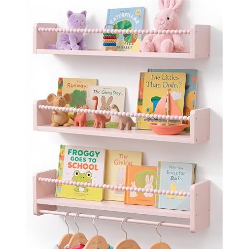 24 Inch Nursery Book Shelves for Wall, Pink Shelf for Kids Rooms