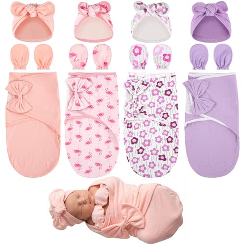 Ramede 4 Pack Baby Swaddle Blanket with Hats and Gloves Swaddle Infant Outfit for Newborn 0-3 Months Soft & Snug Sacks Cotton(Bow,Pink and Purple)