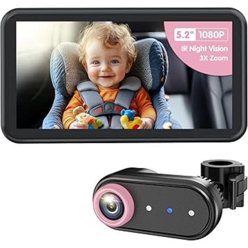 LUKVIEW BM2A Car Camera Baby Monitor, 5.2" 1080P HD Screen with 3X Zoom & IR Night Vision, Baby Car Camera for Rear Facing Seats, Easy Install for Girls, Parents and Pet Lovers