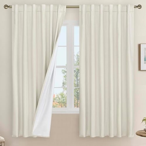 100% Blackout Natural Polyester Curtains, 68 Inches Linen Textured Thermal Bedroom Curtains Back Tab and Rod Pocket Neutral Panels with White Liner for Farmhouse, 2 Panels, 52 x 68 Inch, Ivory