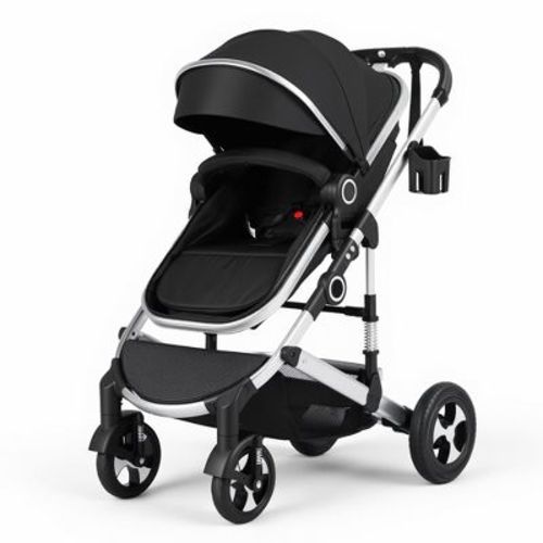 Kinder King Cozi 2 Convertible Baby Stroller, Folding High Landscape Infant Carriage, Adjustable Canopy, Diaper Bag, Anti-Shock, Black