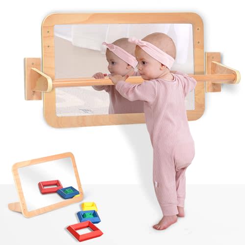 Bolocon Montessori Baby 2-in-1 Shatterproof Safety Mirror with Pull-Up Bar - Infant Wall Mount & Floor Play for Tummy Time (6-18 Months)