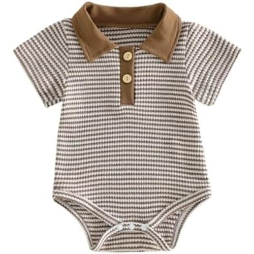 VISGOGO Baby Boy Striped Romper Waffle Short Sleeve Button Oversized Bodysuit Summer Baby Collared Onsie Polo Shirt Clothes