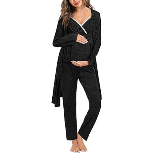 SWOMOG Maternity Nursing Robe Set 3 Piece Breastfeeding Pajamas 3 in 1 Labor Delivery Sleevless Tops&Long Pants Pregnancy Pjs