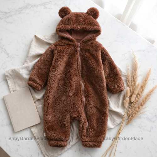 Bear Hooded Fleece Romper, Cozy Baby Outfit, Newborn Winter Jumpsuit