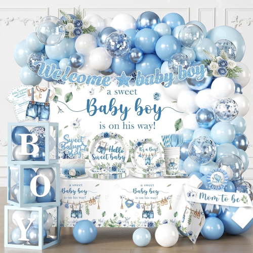 Morabloomy Baby Shower Decorations Set Baby Boy Theme Blue, Serves 20 Guests, 260 Pieces