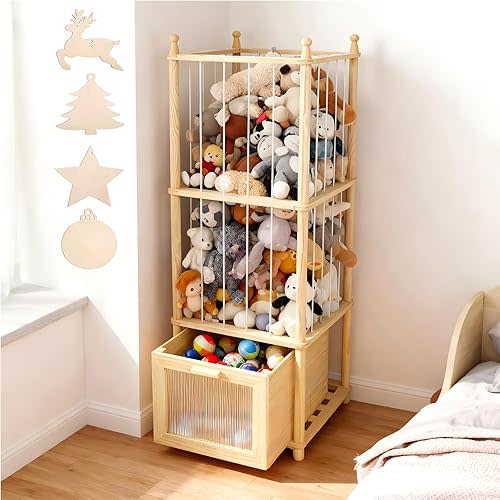 Stuffed Animal Storage With Clear View Drawer-Stuffed Animal Zoo Organizer for Nursery&Playroom,Holder for Plush Toys,Balls,Blocks,Incl.Christmas Themed DIY Wooden Decor