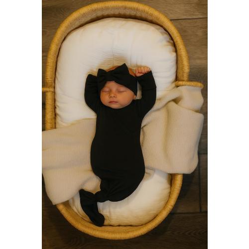 Black Newborn Knotted Gown & Bow Headband: Organic Cotton Layette Set