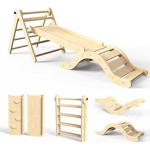 doowroodni Pikler Triangle Set 7in1 Toddler Climbing Toys Indoor Foldable Baby Climbing Toys Wooden Montessori Climbing Set with Arch, Ramp, Ladder for 1-3 Years, Jungle Gym for Kids (Natural)