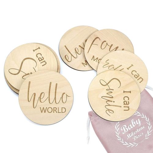 Baby Milestone Cards Wooden Monthly Cards and Infant First, Double Sided Engraved Photo Prop Discs,Gift Set for Baby Shower and Newborn,Come with Velvet Gift Bag (Round style2)