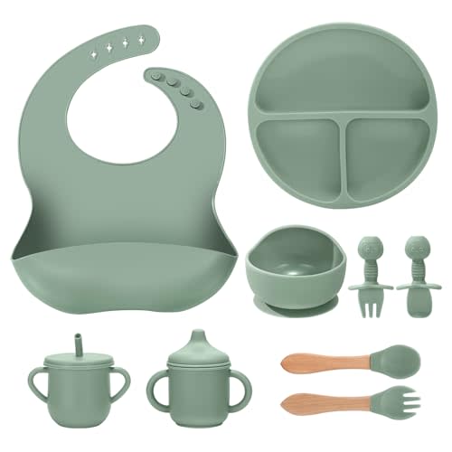 Silicone Baby Feeding Set 9 Pcs, Spill-Proof Suction Plate, Bowl, Bib, Silicone spoon&forks, Wooden Spoons&forks, Training cup with straw and Sippy Cup, Baby Eating Utensils (Green)