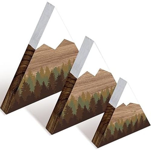 Maitys 3 Pcs 3 Size Mountain Shelf Decor Mountain Wooden Sign Farmhouse Wood Forest Sign Woodland Nursery Decor Travel Adventure Table Centerpiece for Home Farmhouse (Brownish)