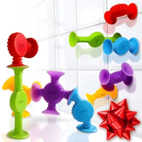 BUNMO Stocking Stuffers for Kids - Toddler Suction Bath Toys - Connect, Build, Create - Toddler Stocking Stuffers - Fine Motor Skills - Stimulating Sensory Fun - Textured 10 Pack