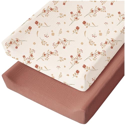 Konssy 2 Pack Muslin Changing Pad Covers for Baby Girls Boys, 32"x16" | 100% Cotton, Soft & Breathable, Fitted Diaper Changing Table Sheets, Full Elastic Fit, Floral & Solid Designs (Chestnut,Posy)