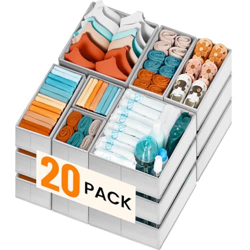 Criusia 20 Pack Drawer Organizer Bins - Grey Fabric Closet Organization and Storage Dividers for Baby Clothes, Adult Socks, Underwear, Bra, etc.