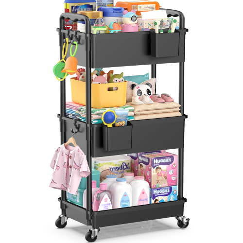 SUNALLY Baby Diaper Caddy Organizer Cart, 3-Tier Rolling Utility Cart with Lockable Wheels for Nursery Essentials, Large Capacity Mobile Storage Carts for Newborn, Black