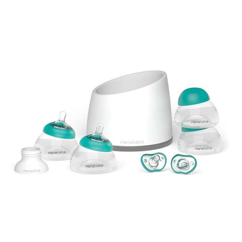 Nanobebe Breastmilk Bottle Starter Set with Pacifiers, Pump Adapter and Slow Flow Nipples, 5 oz, Teal/Grey