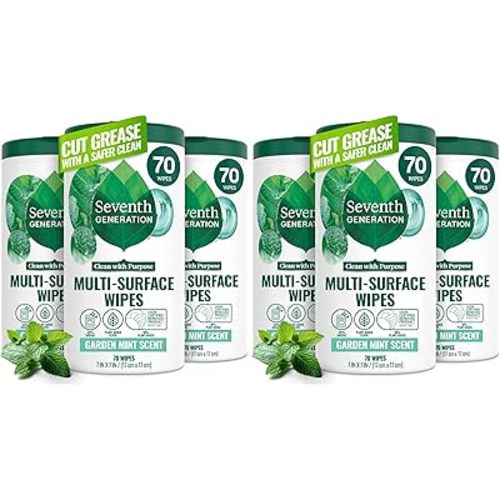 Seventh Generation Multi-Surface Wipes, Garden Mint, Plant-Based Cleaning Wipes, No Harsh Fumes or Residue, Safe Around Kids, 70 Count (Pack of 6)