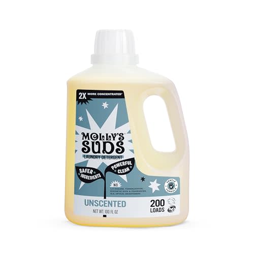 Molly's Suds Liquid Laundry Detergent | Clean Laundry Detergent Soap for Sensitive Skin | 2x Concentrated, High Efficiency (HE) (Unscented - 200 Loads)