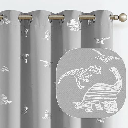 Vangao Kids Curtains Grey Blackout Dinosaur Curtains for Boys Kids Nursery Girls Room Silver Dino Foil Print Thermal Insulated Drapes Grommet Top Window Treatments 84 Inches Length 2 Panels