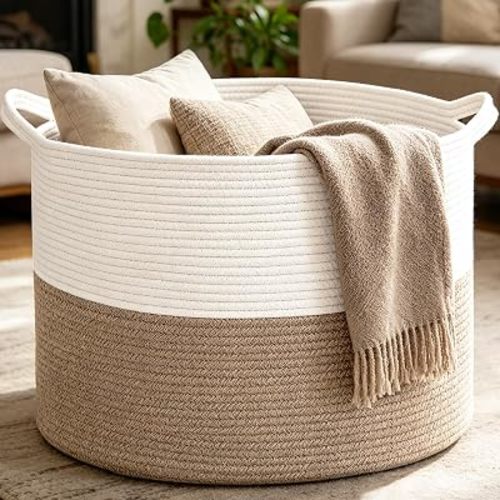 65L Large Blanket Basket,Woven Rope Laundry Basket-White&Black