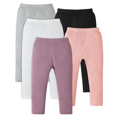 5 Pack Baby Girl Pants: Infant Solid Ribbed Pants Soft Cotton Pull On Leggings for Toddler 0-48 Months