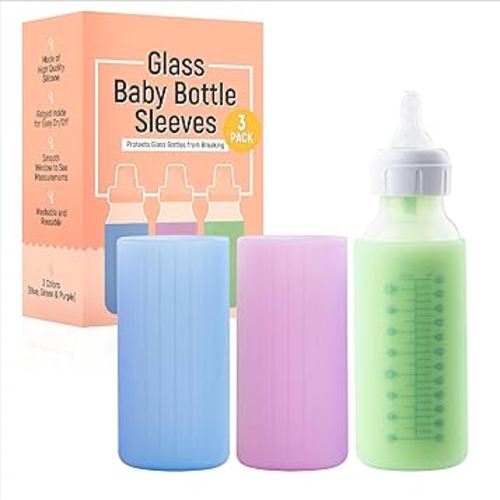 IMPRESA [Multi-Color 3 Pack] Glass Baby Bottle Sleeve for Dr Brown Bottles 8 oz - Silicone Bottle Cover for Dr Brown Glass Bottles 8 oz - Narrow Sleeve for Dr Brown Bottles Glass 8 oz