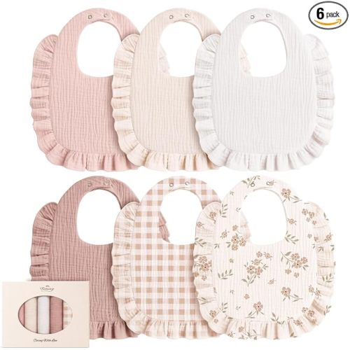 Konssy 6-Pack Muslin Baby Girl Bibs, 100% Soft Cotton Absorbent Drool Bibs