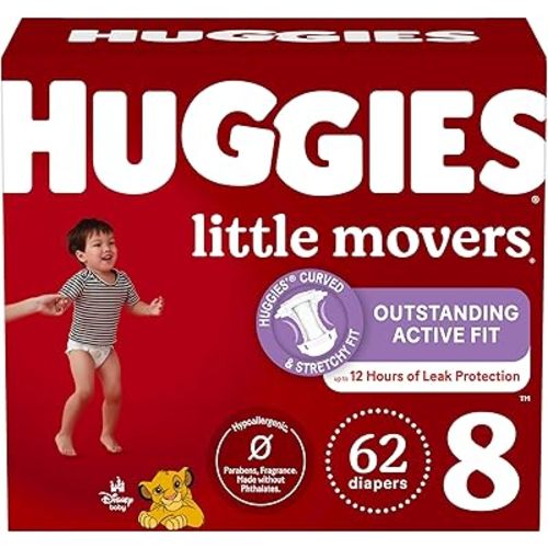 Huggies Size 8 Diapers, Little Movers Baby Diapers, Size 8 (46+ lbs), 62 Count