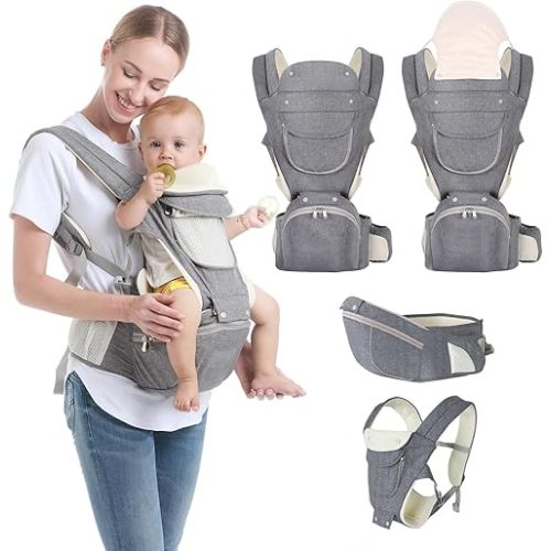 Baby Carrier, 6-in-1 Newborn to Toddler Carrier(7-50lbs), Front & Back Carrier with Detachable Hip Seat, Soft & Adjustable, All Seasons, Ideal for Mom & Dad, Perfect for Shopping & Travel - Grey
