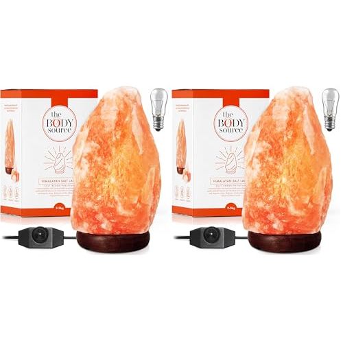 The Body Source Himalayan Salt Lamp 10-12 Inches (11-15lb) | Includes Dimmer Switch | Natural Salt Rock Lamp with Handcrafted Wooden Base & Night Light (Bulb Replacement) (Pack of 2)
