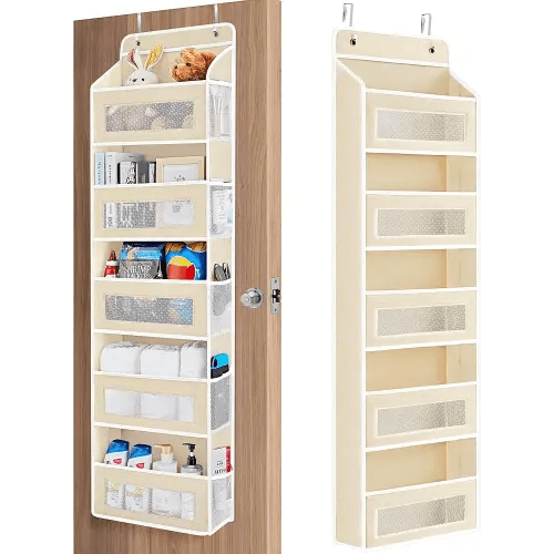 JARLINK Over The Door Organizer Storage, 5 Shelf Hanging Door Organizer with 5 Large Capacity Pockets, Anti Tilt 44 lb Load Behind Door Storage for Bedroom, Bathroom, Pantry, Nursery, (Beige)