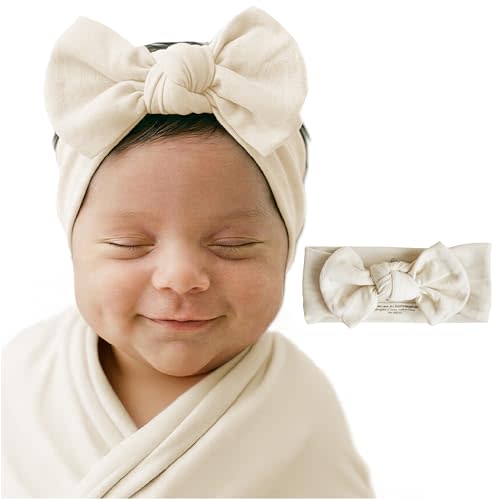 Caden Lane Baby Headwrap with Knotted Bow, Soft & Stretchy Bamboo Viscose, Comfortable Infant Hairband for Newborn & Toddler Girls, Ideal Gift for Baby Shower & Milestone Celebration, Oat Beige