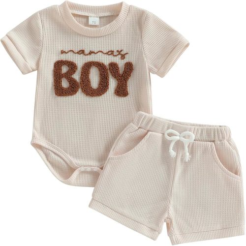 MERSARIPHY Newborn Baby Boy Summer Clothes Mama's Boy Little Dude Short Sleeve Romper Shorts Set Infant Waffle Knit Outfit