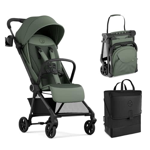 Mompush Nexis Carbon Travel Stroller, Ultra-Lightweight 11.5 lbs, Compact & Airplane Carry-On Approved, One-Second Auto-Fold, One-Hand Full Recline, from Birth to 50 lbs, Travel Bag Included, Forest