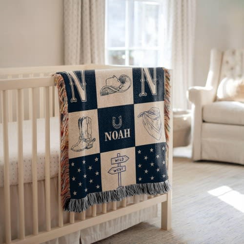 Personalized Cowboy Woven Baby Blanket, Western Cowboy Boys Blanket, Heirloom Blanket, Newborn Name Blanket, Baby Name Woven Throw Blanket