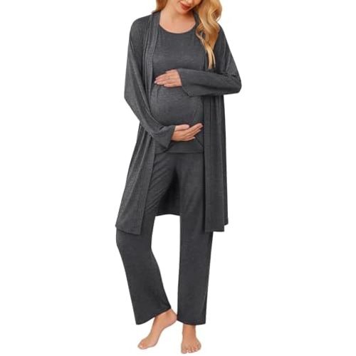Ekouaer Maternity Nursing Robe Set 3 Pieces Sleeveless Top, Pregnancy Pants & Robe Double Layer Pajamas S-XXL