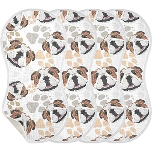 Muslin Burp Cloths for Baby Boys and Girls - 4-Pack Ultra Absorbent English Bulldog Muslin Washcloths, Newborn Towel, Milk Spit Up Rags, Burp Cloth Bib for Unisex, 22 x 11 Inch