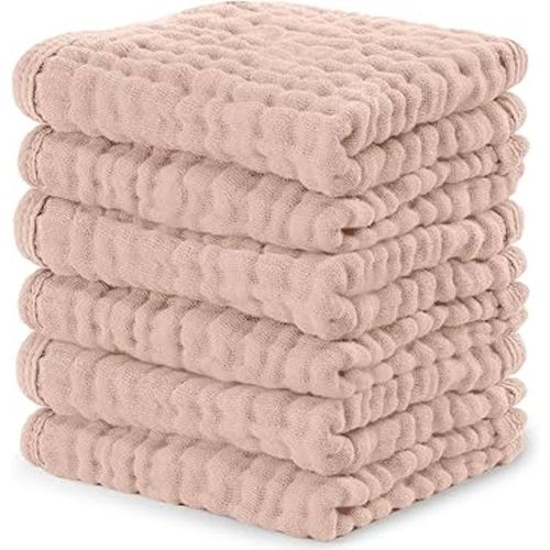 Comfy Cubs Muslin Baby Washcloths 6 Pack - Soft 6-Layer Cotton Wash Cloths for Sensitive Skin - 10"x10" Large, Gentle, Absorbent Infant Essentials for Newborn and Toddlers - Blush