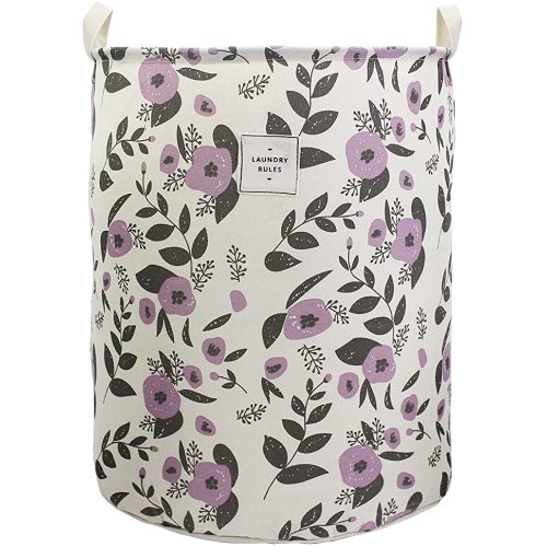 Mziart Collapsible Laundry Basket, Floral Printing Large Laundry Hamper for Baby Girls Kids Toys Clothes Organizer Foldable Storage Bin Waterproof Canvas Nursery Storage Basket with Handles (Purple)