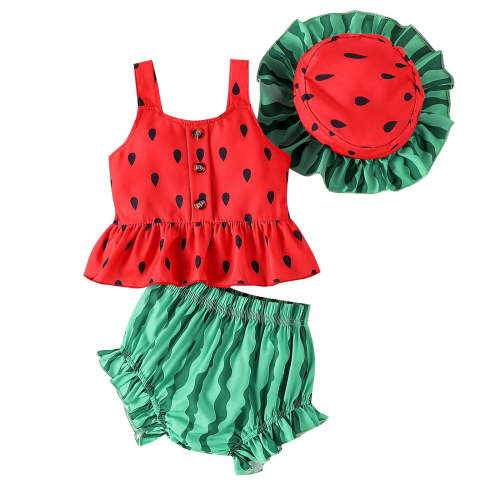 Yiyuu Girls Summer Watermelon Outfits Cute Sleeveless Top Shorts Hat 3Pcs Set, Sizes 6-12 Months