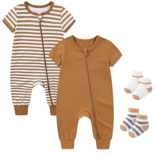 falianni Baby Boy Girl 2-Pack Rompers with Socks 0-18M Toddler Unisex Zipper Short Sleeve Jumpsuits Clothes