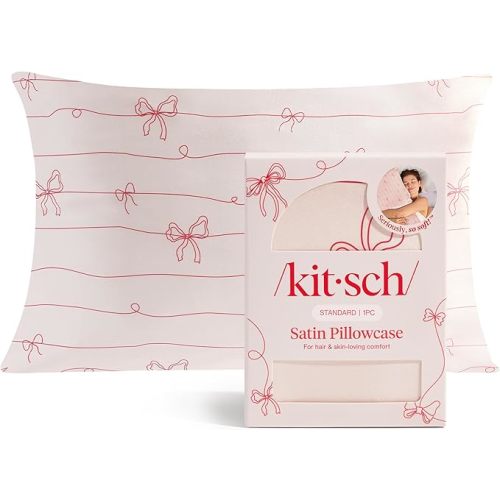 Kitsch Satin Pillowcase with Zipper for Hair & Skin - Softer Than Silk Pillow Cases, Smooth Cooling Satin Pillow Case, Wrinkle-Free Pillow Cases Standard Size (19x26) - Striped Bows