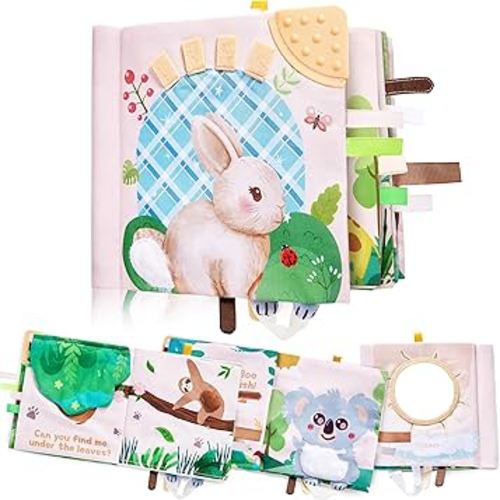 Baby Soft Book with Teether & 3D Textured Tails, Touch and Feel Crinkle Sensory Toys for Newborns 0-6-12 Months, Montessori Stroller Toy for Boys Girls